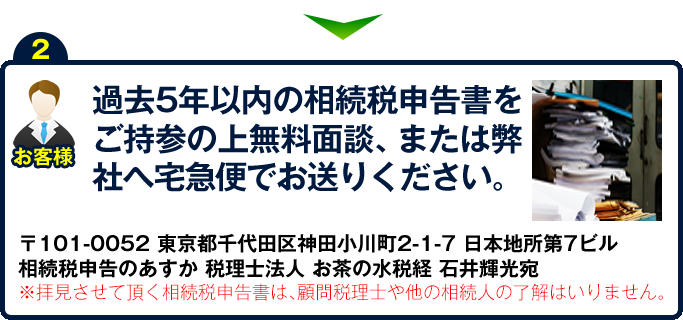 過去5年以内の相続税申告書をご持参の上無料面談、または弊社へ宅急便でお送りくだい。